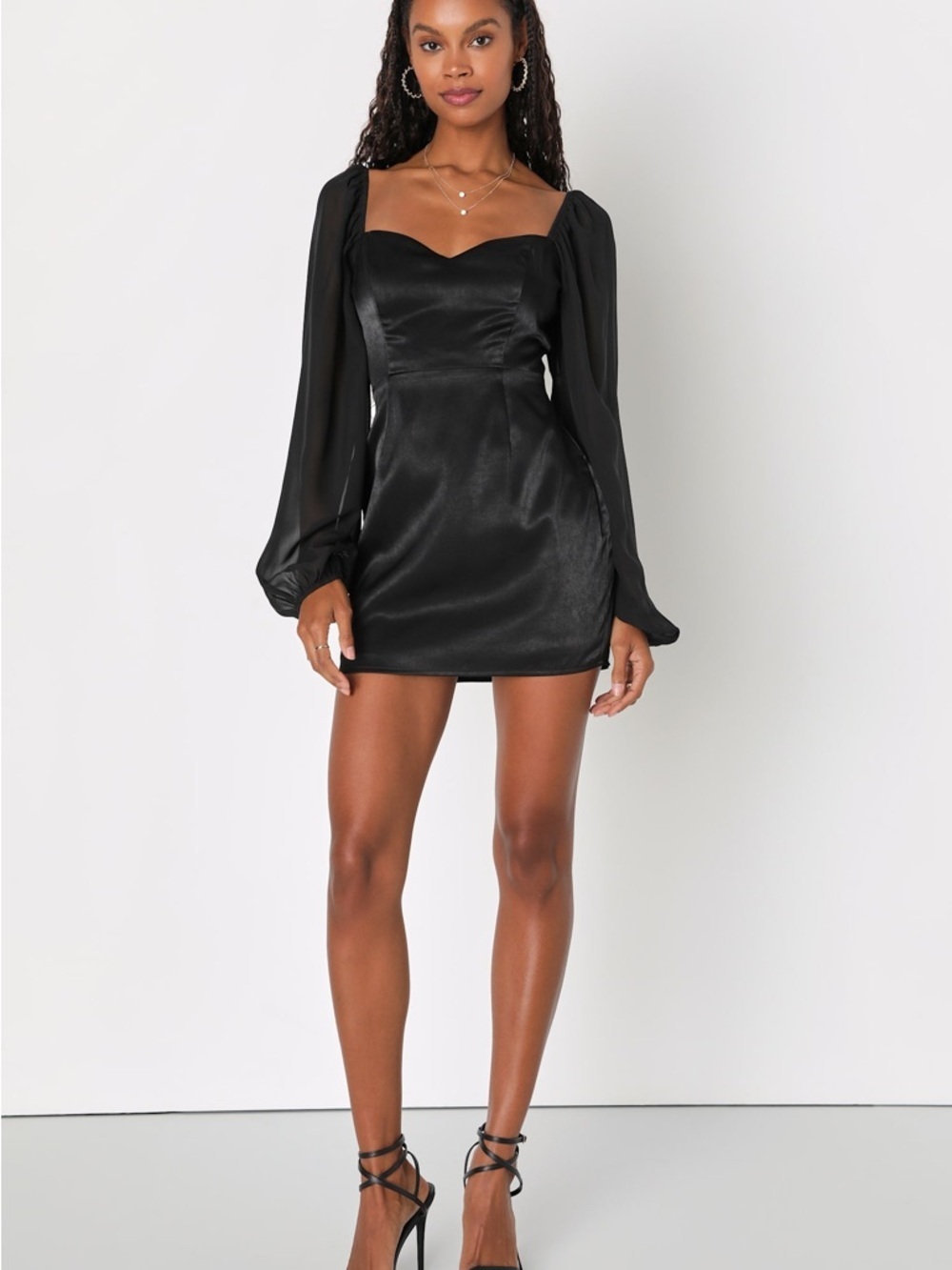 NWT Lulu's Ultimate Glamour Black Satin Balloon Sleeve Bodycon Mini Dress XS